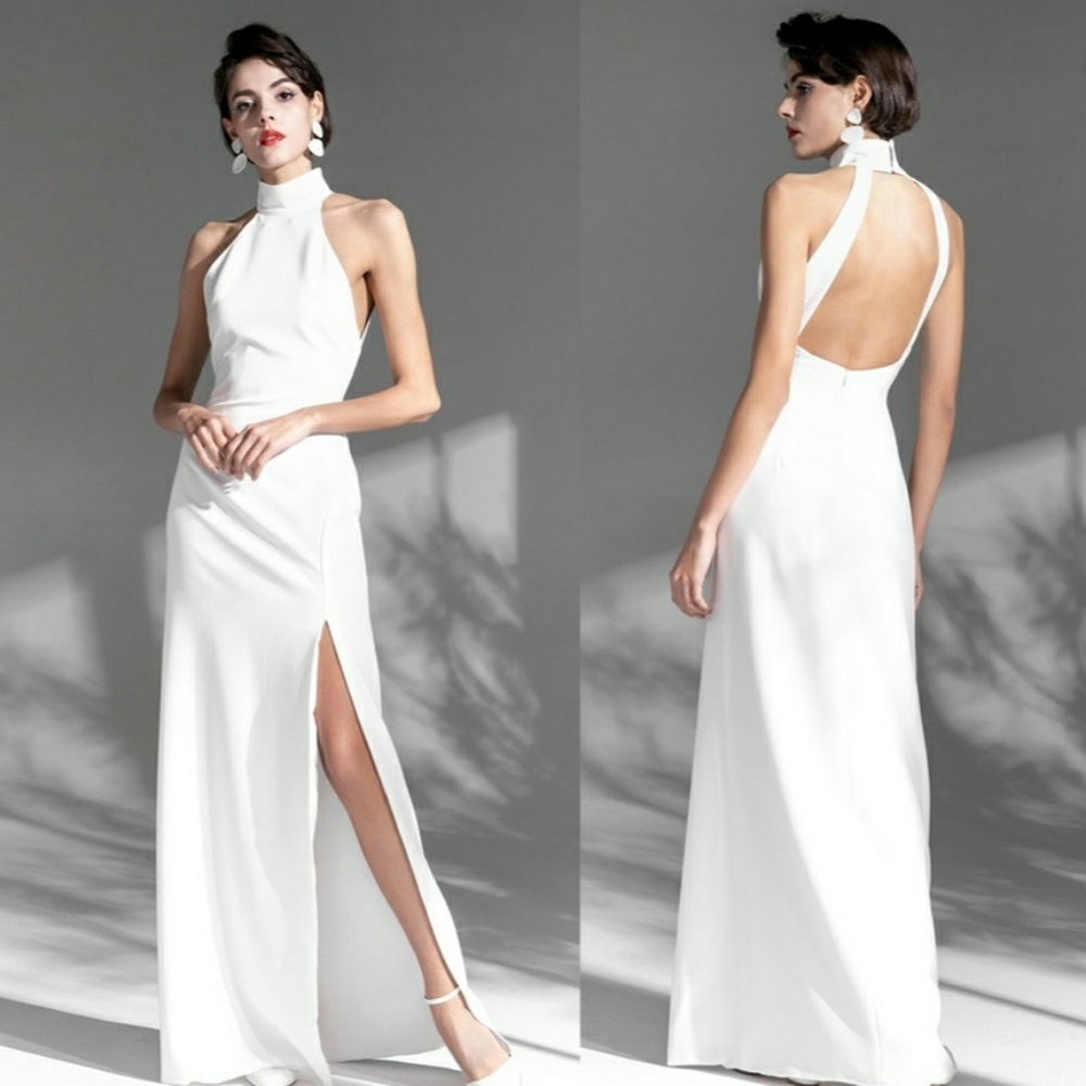 White Halter Open Back Wedding/Prom Dress